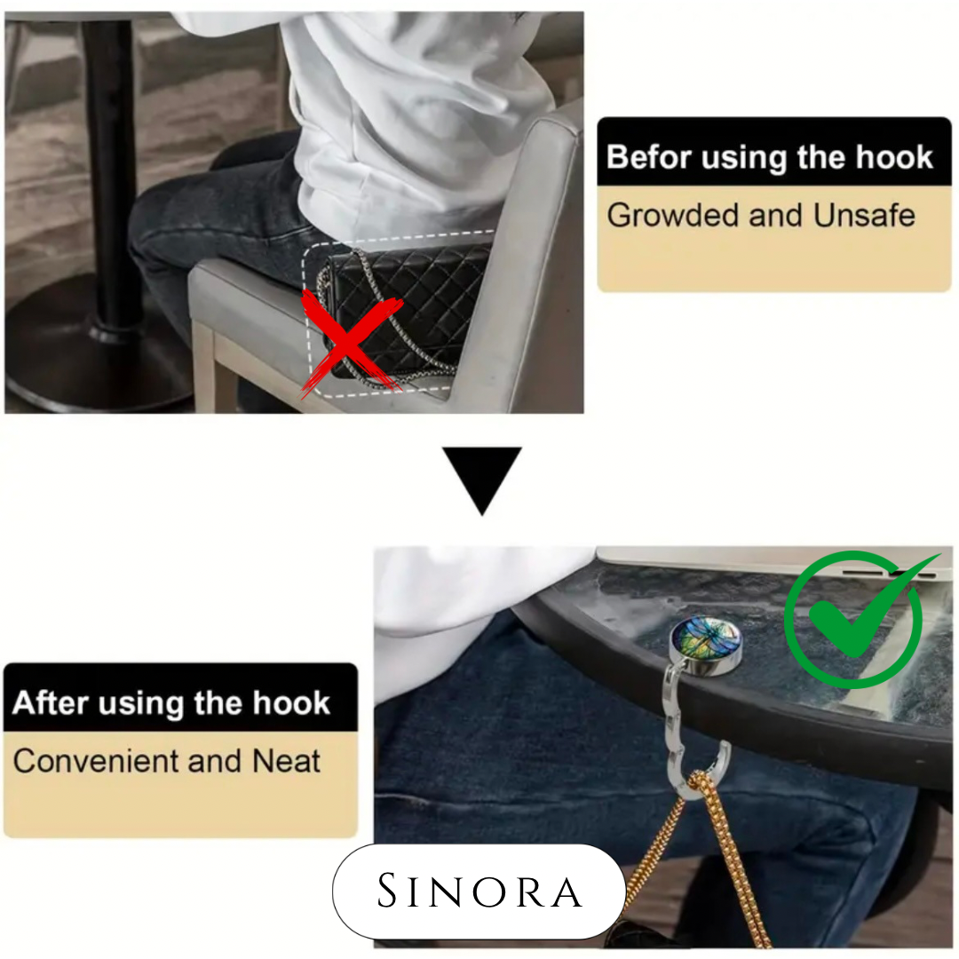 Durable foldable silver metal handbag Hook, light weight, Stylish, perfect for travel, Sinora.