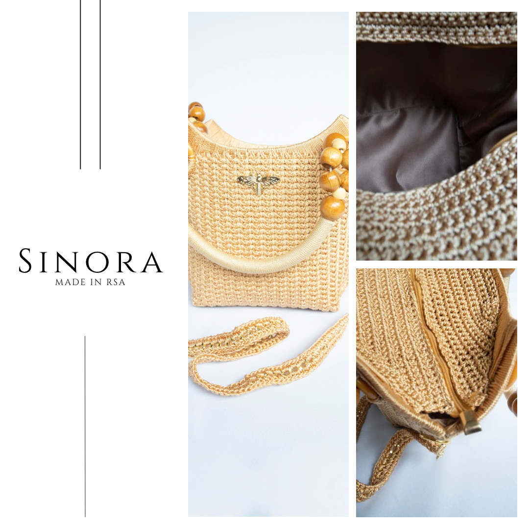 GOLD Elegant handcrafted woven, crotchet handbag with Bag a strap, wooden handles & African-inspired design by SINORA