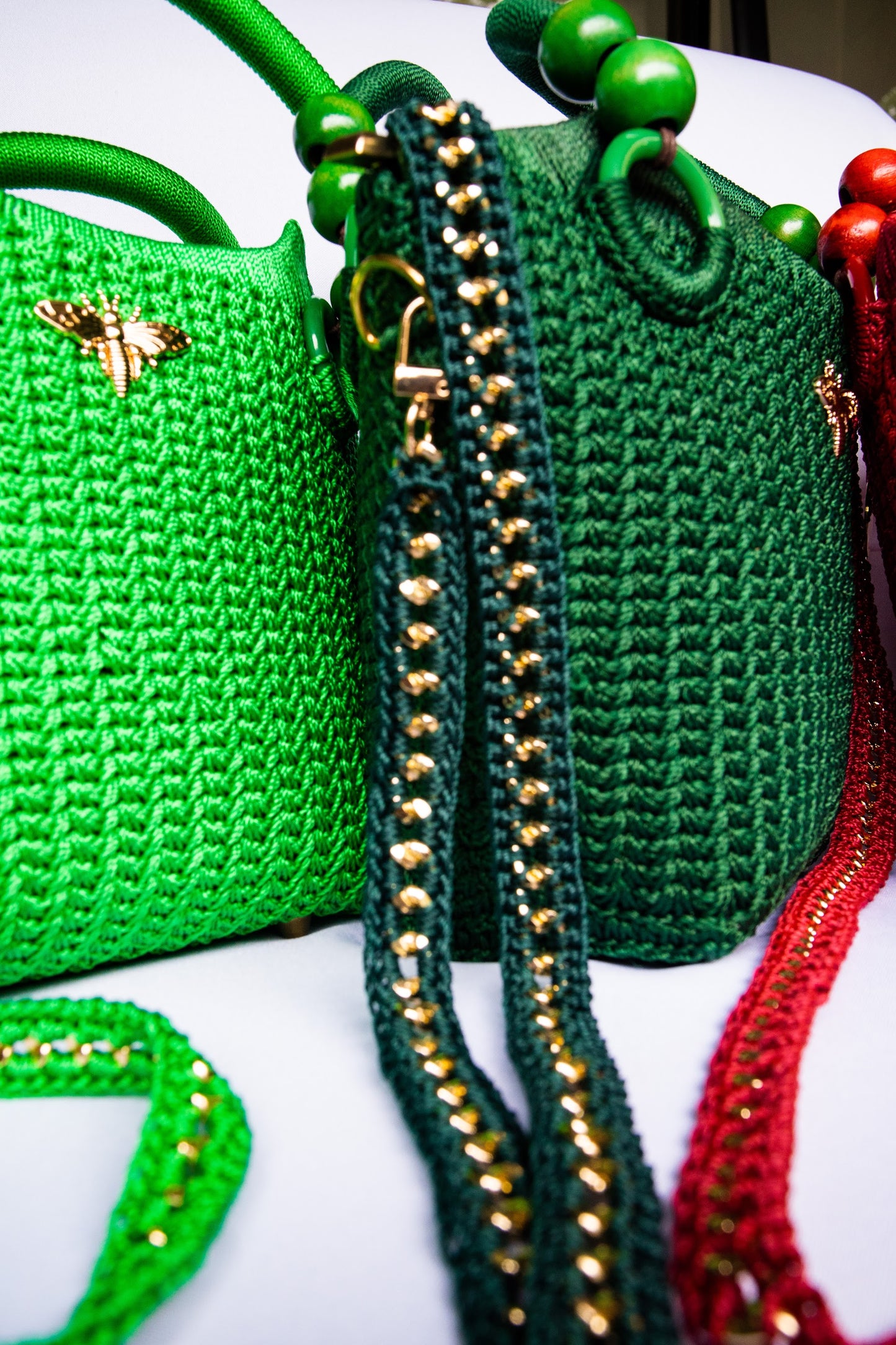 Green Elegant handcrafted woven, crotchet handbag with Bag a strap, wooden handles & African-inspired design by SINORA