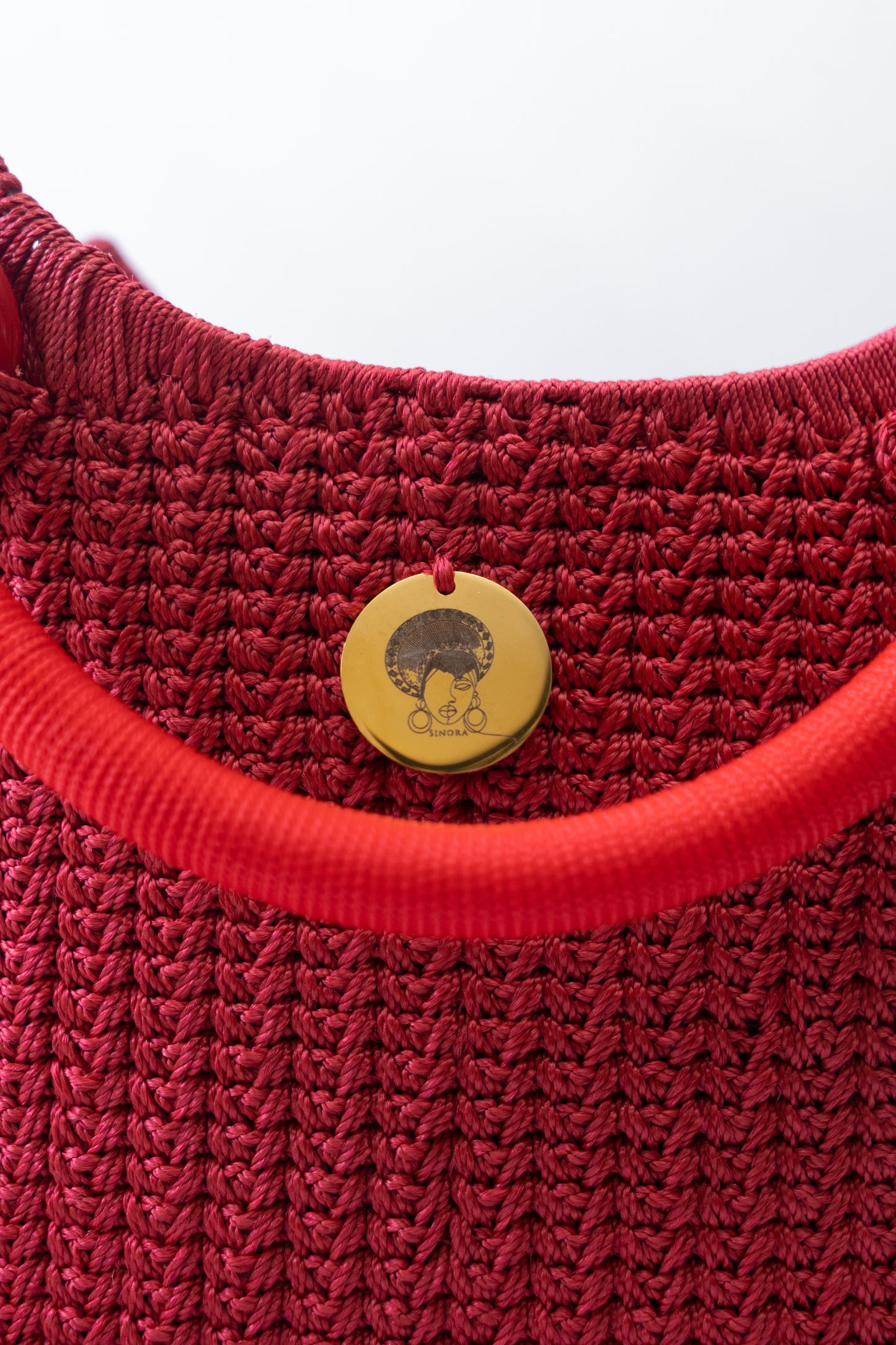 Red Maroon deep red Elegant handcrafted woven, crotchet handbag with Bag a strap, wooden handles & African-inspired design by SINORA