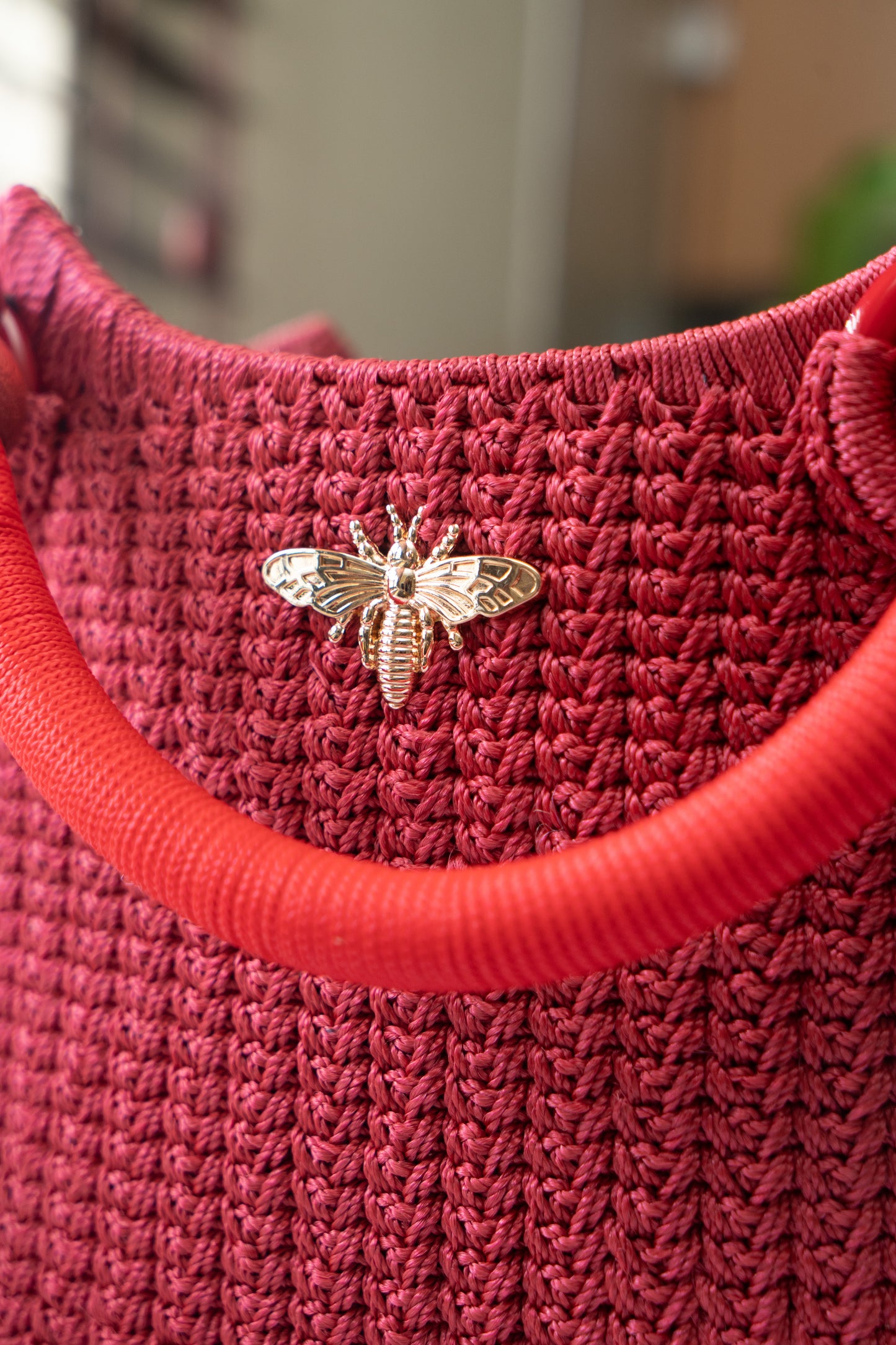 Red Maroon deep red Elegant handcrafted woven, crotchet handbag with Bag a strap, wooden handles & African-inspired design by SINORA