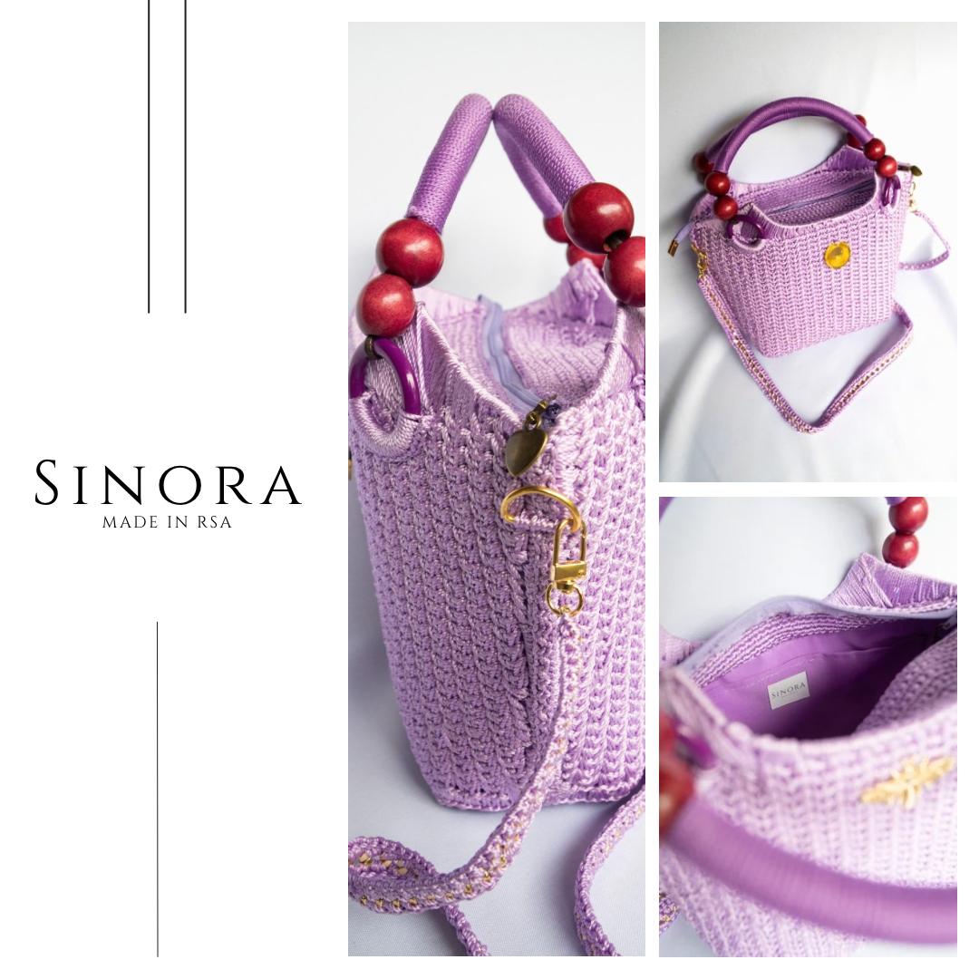 Purple lilac Elegant handcrafted woven, crotchet handbag with Bag a strap, wooden handles & African-inspired design by SINORA
