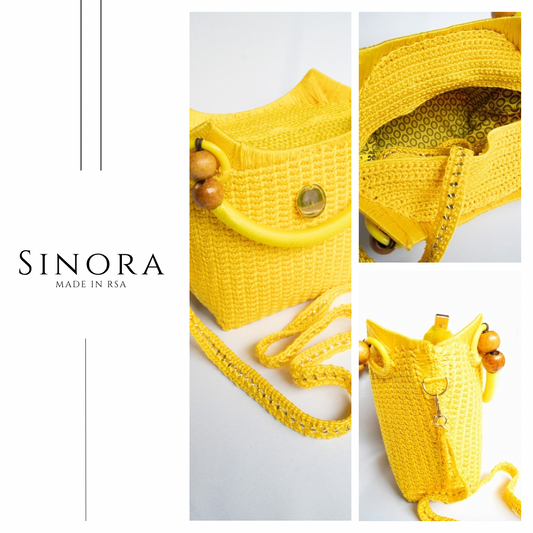 Yellow mustard Elegant handcrafted woven, crotchet handbag with Bag a strap, wooden handles & African-inspired design by SINORA