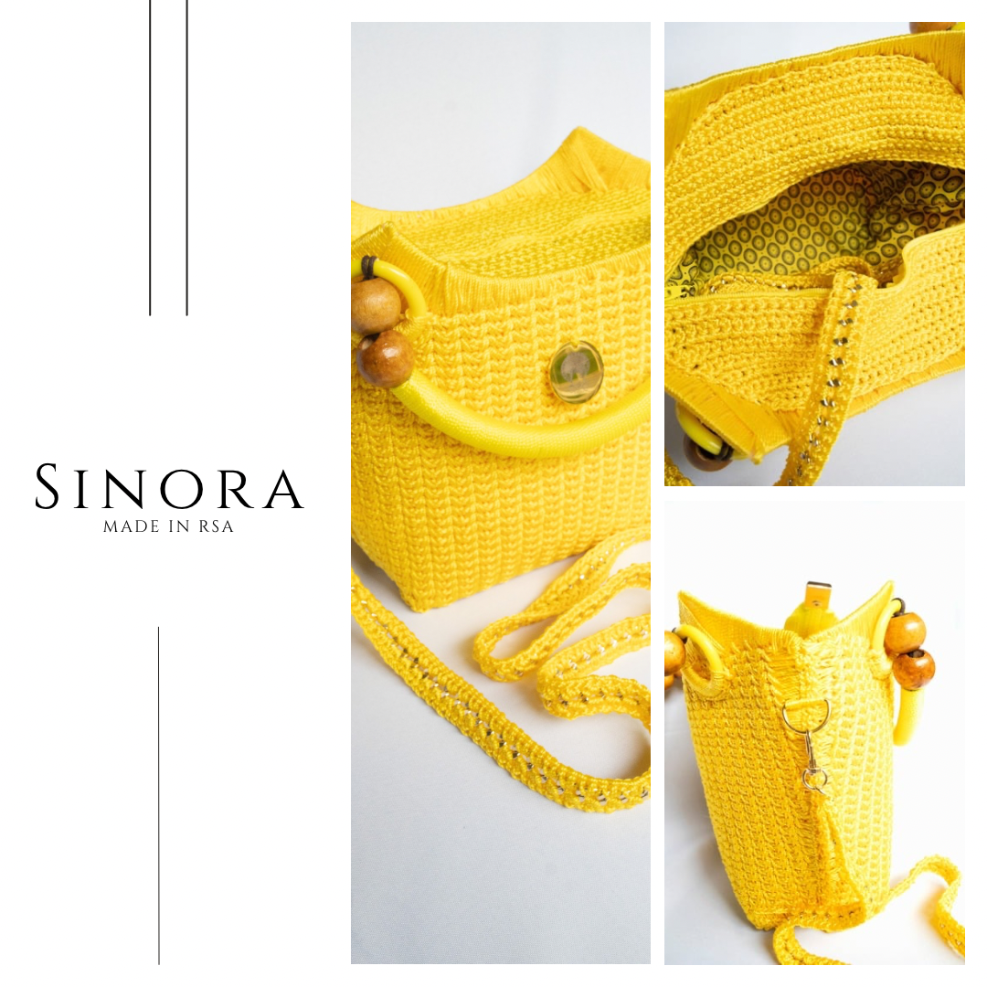 Yellow mustard Elegant handcrafted woven, crotchet handbag with Bag a strap, wooden handles & African-inspired design by SINORA