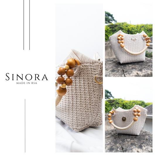 Beige hand made Crotchet Luxury handbag, with wood handles, sinora.