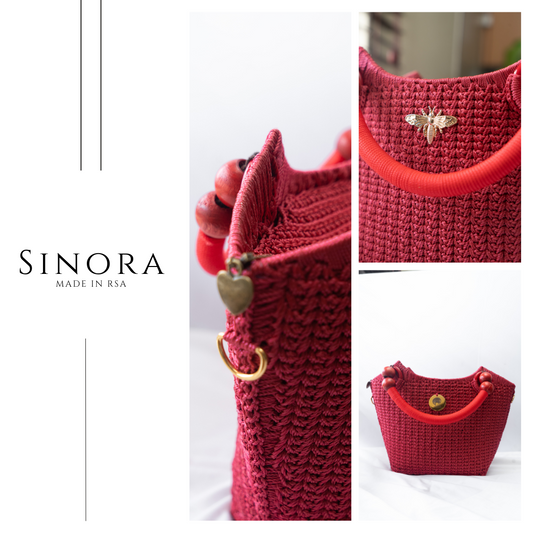 Red Maroon deep red  Elegant handcrafted woven, crotchet handbag with Bag a strap, wooden handles & African-inspired design by SINORA 