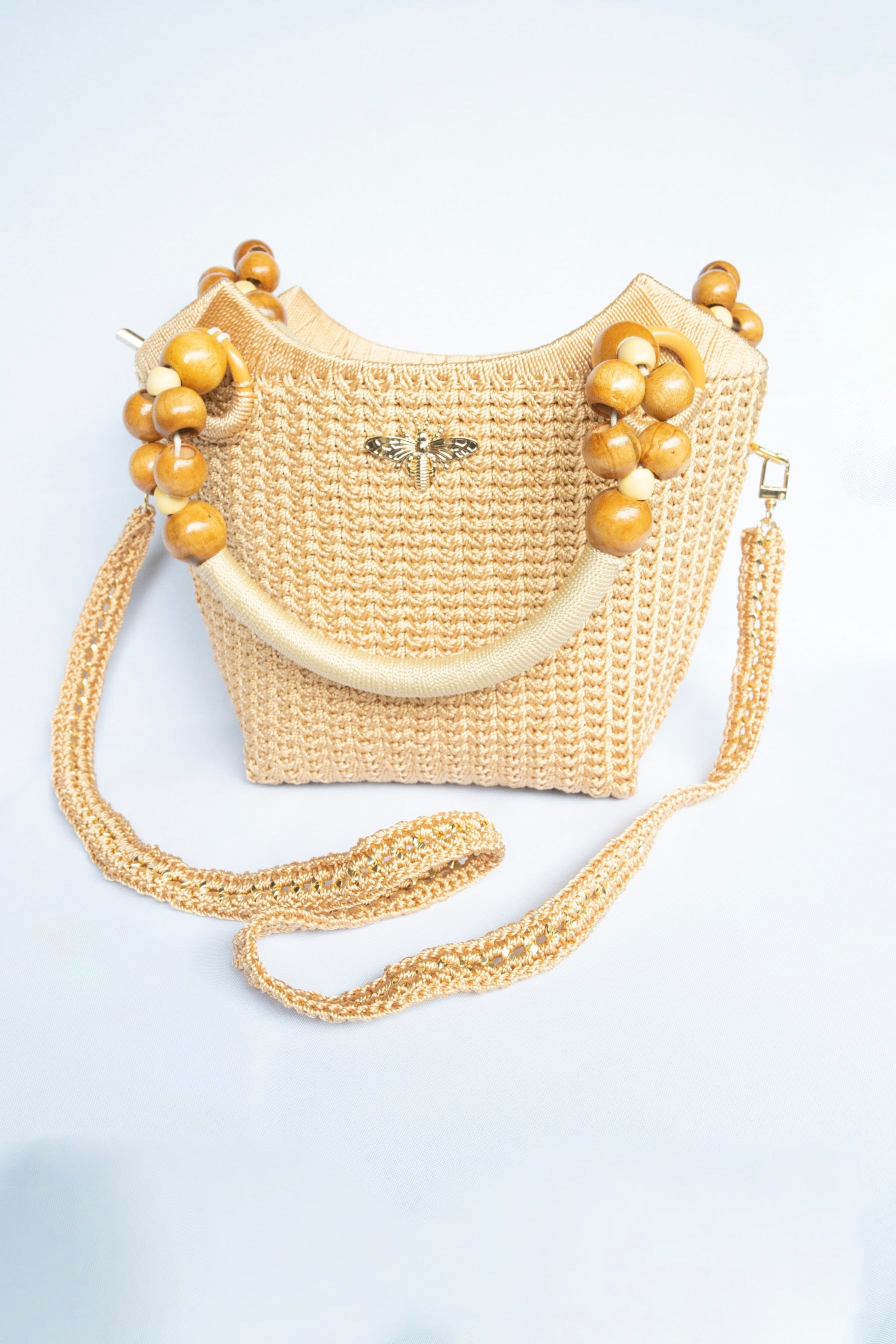 GOLD Elegant handcrafted woven, crotchet handbag with Bag a strap, wooden handles & African-inspired design by SINORA 
