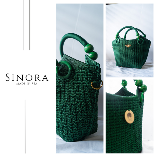 Green Elegant handcrafted woven, crotchet handbag with Bag a strap, wooden handles & African-inspired design by SINORA 